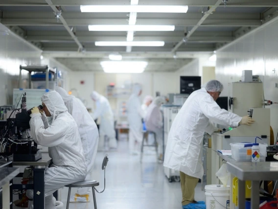 people in lab coats working in a lab looking through scientific instruments